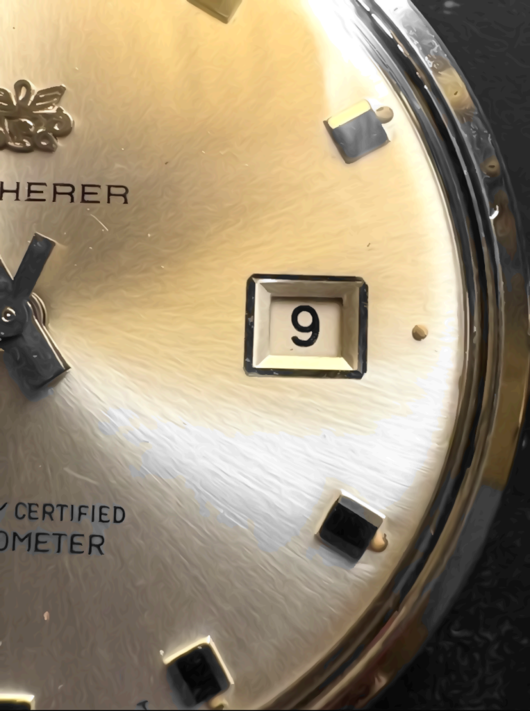 bucherer 36 mm en tres gros plan, de face, cadran et date